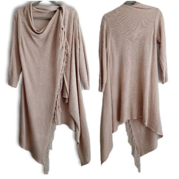 Fringe Hem \ Waterfall Sweater Cardigan Open Front / One Button Cream Pink Sz S - Picture 1 of 8